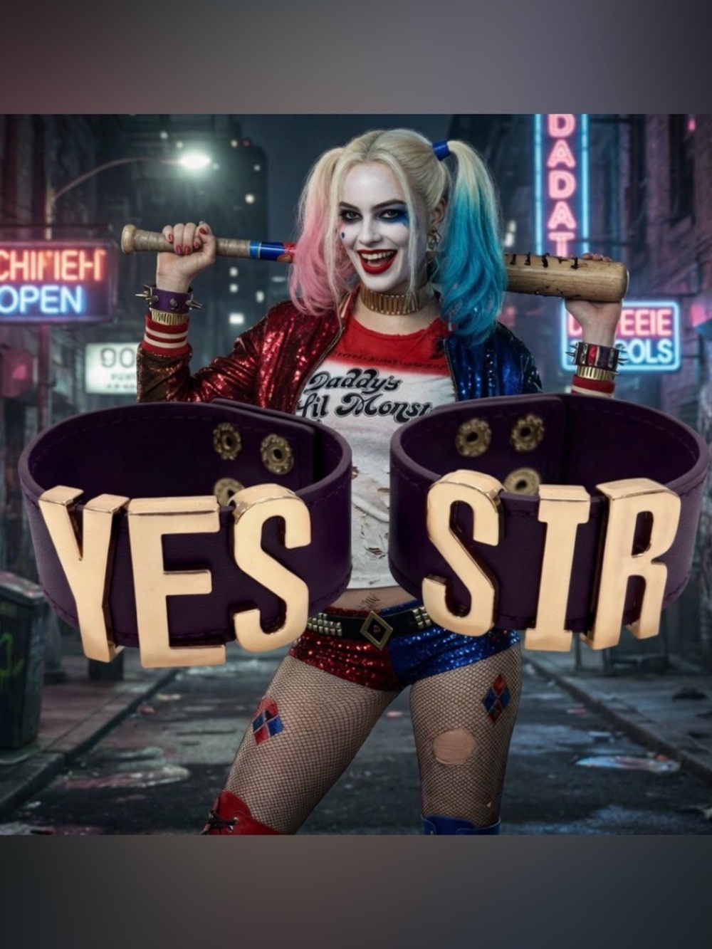 Harley Quinn Pair of YES SIR BRACELETS Suicide Squad purple Cuff Wristband